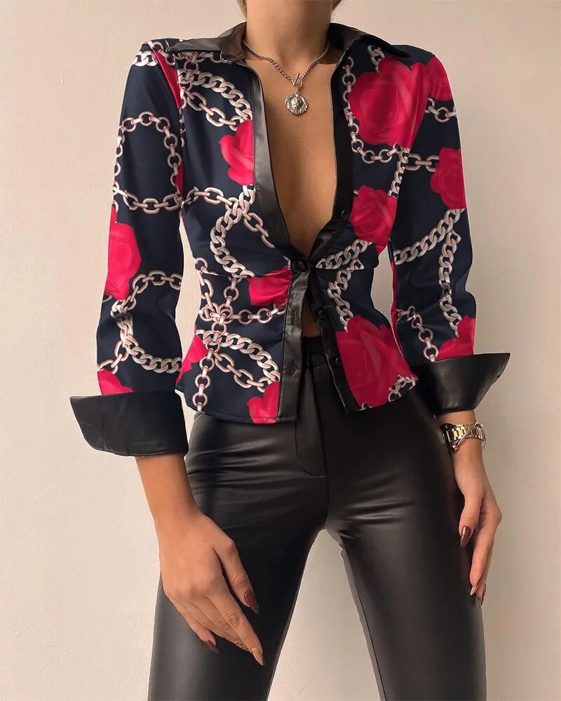 Faux Leather Turn-Down Collar Geometric/Plaid/Mock Denim/Houndstooth Print Deep V-Neck Blouse