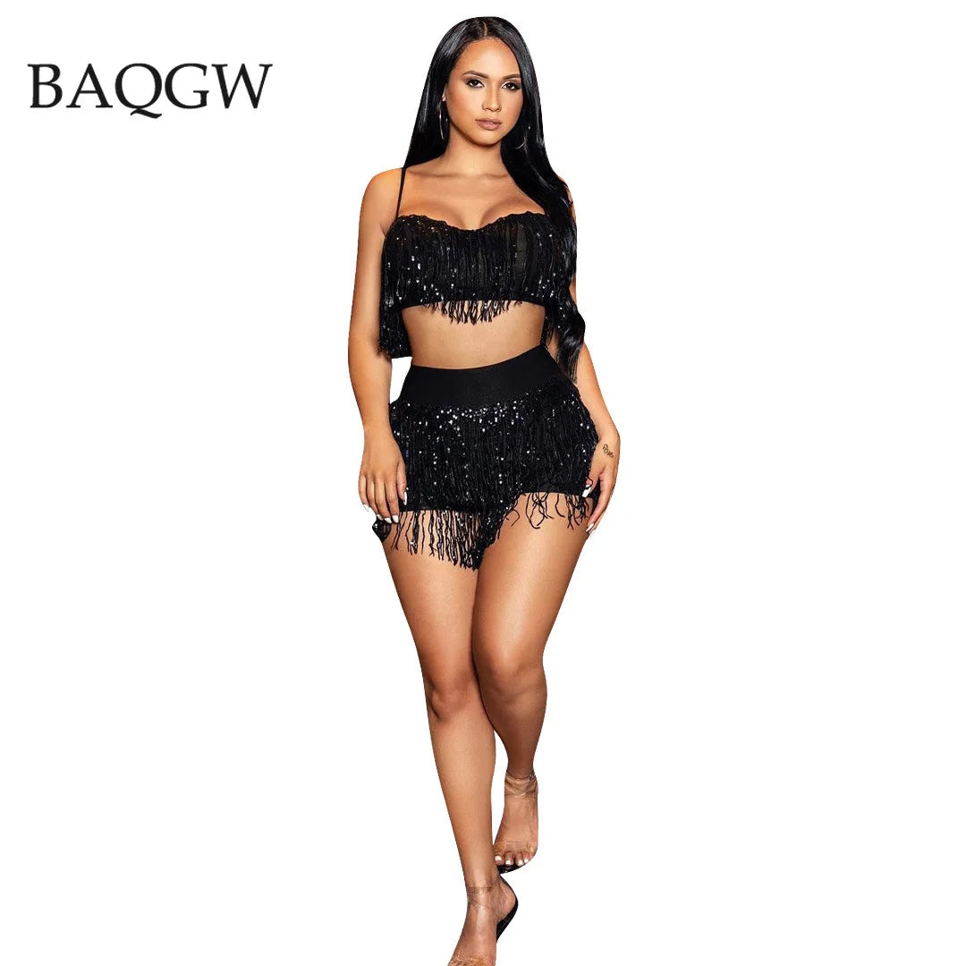 Sequined Tassel Design Women's Spaghetti Strap Crop Tank Top + Matching Mini Shorts 2-Piece Set