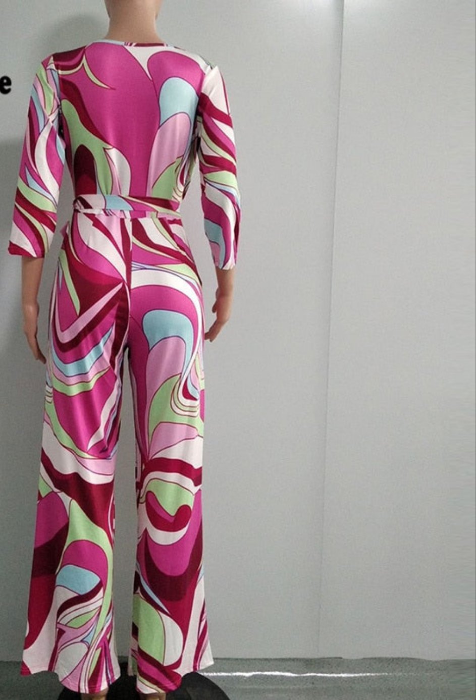 Swirl Colorblock V-Neck Belted Long Sleeve Jumpsuit