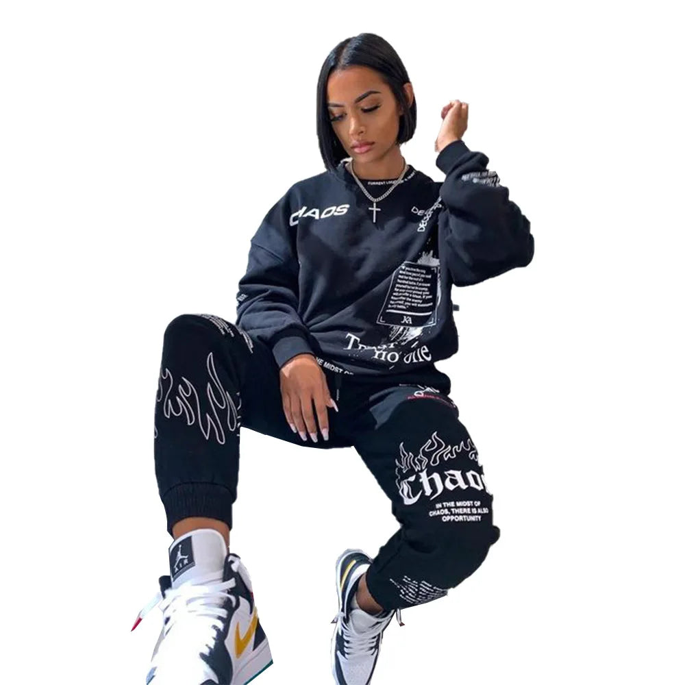 Women Tracksuit 2 Pieces Set Autumn Letter Printed Oversized Hoodies Sweatshirt Pants Suit Sweatpants Outfits Matching Sets