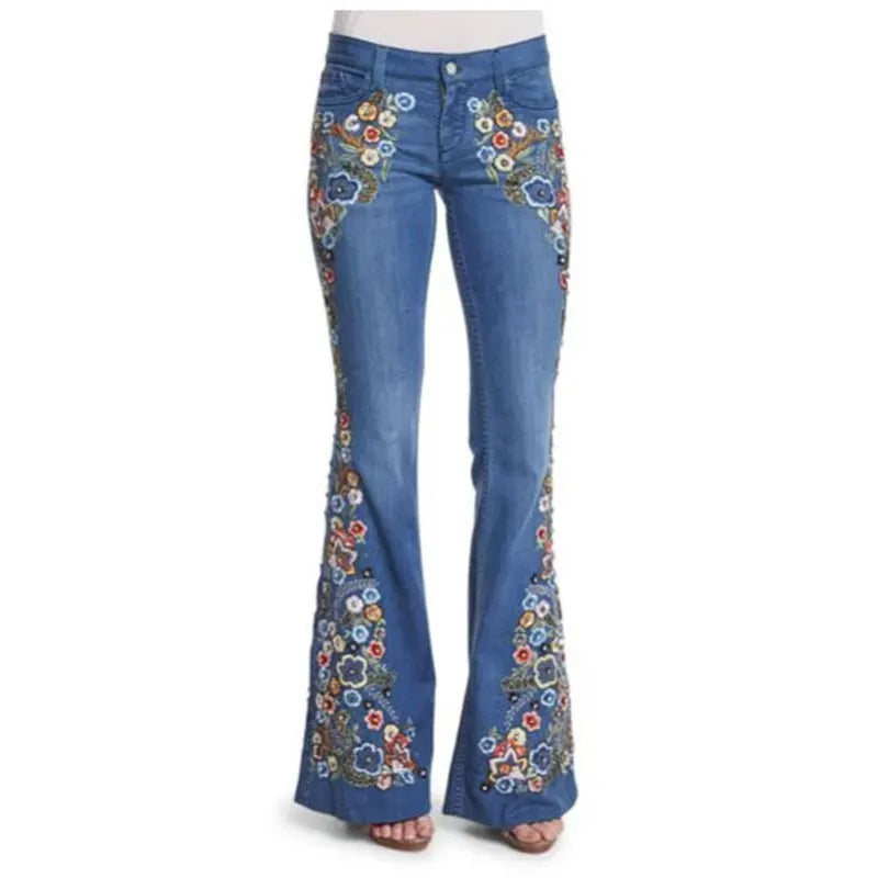 Floral Embroidered Long Flare Wide Leg Bell Bottom Denim Jeans to 4X