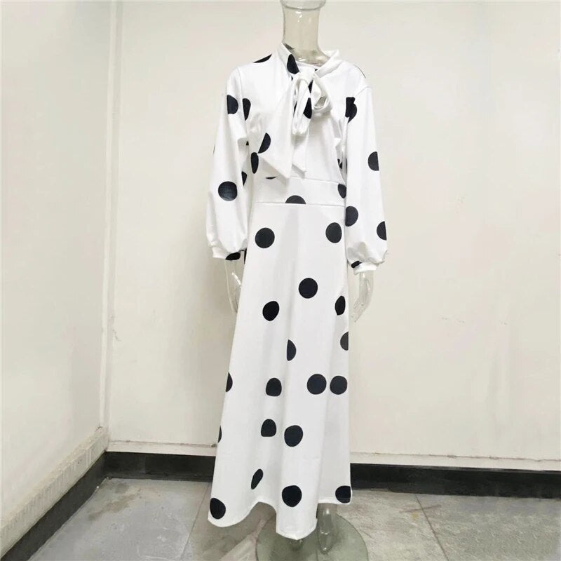 Black/White Polka Dot Bohemian Plus Size Long Sleeve Maxi Dress to 5X