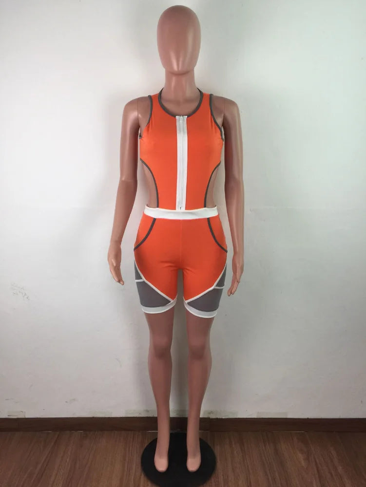 Colorblock Patchwork Sleeveless Bodycon Deep V-Neck Women's Fitness Workout Shorts Romper