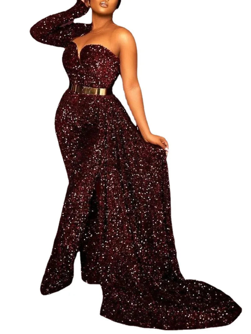 Burgundy Formal One Shoulder Sequined Glitter Off-the-Shoulder Jumpsuit w/ Gold Belt