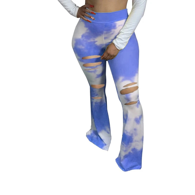 Ripped Tie-Dye Flared High Waist Streetwear Stretch Skinny Bell Bottom Pants