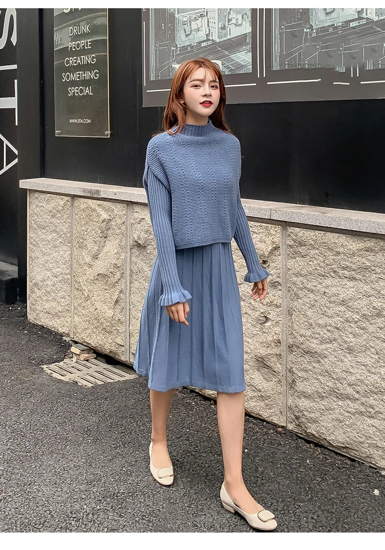 Solid Long Sleeve Pullover Sweater + Knitted Pleated Midi Skirt 2-Piece Set