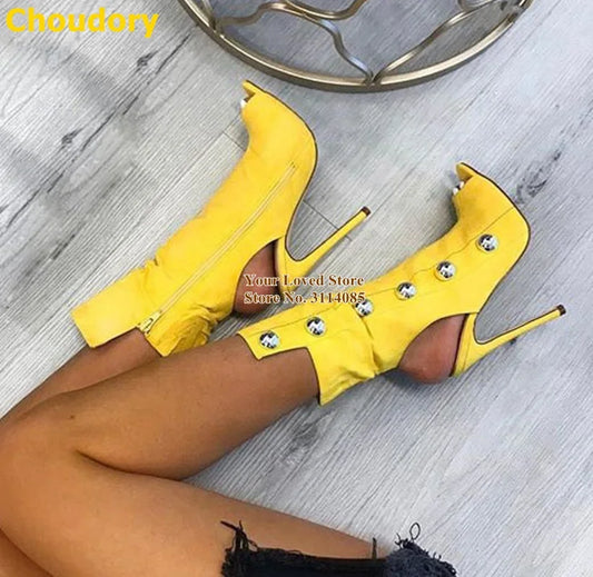 Metal Button Embellished Hollow-Out Open Toe Stiletto Heel Zipper Ankle Boots