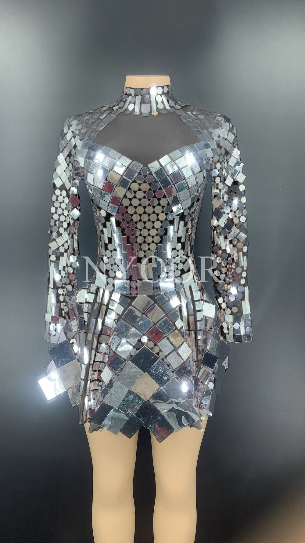 Sparkling Mirror Geometric Metallic Sequin Long Sleeve Formal Party Stage Performance Dress