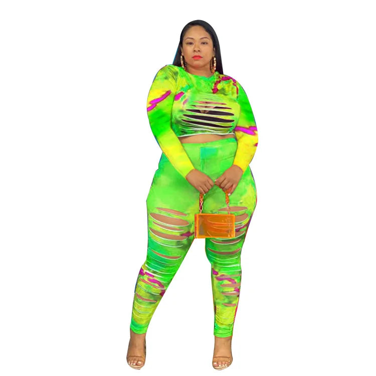 XL-5XL Plus Size Sets Fashion 2022 Hole Tie Dye Long Sleeve 2 Two Piece Pants Suits Sexy Women Outfots Wholesale Dropshipping