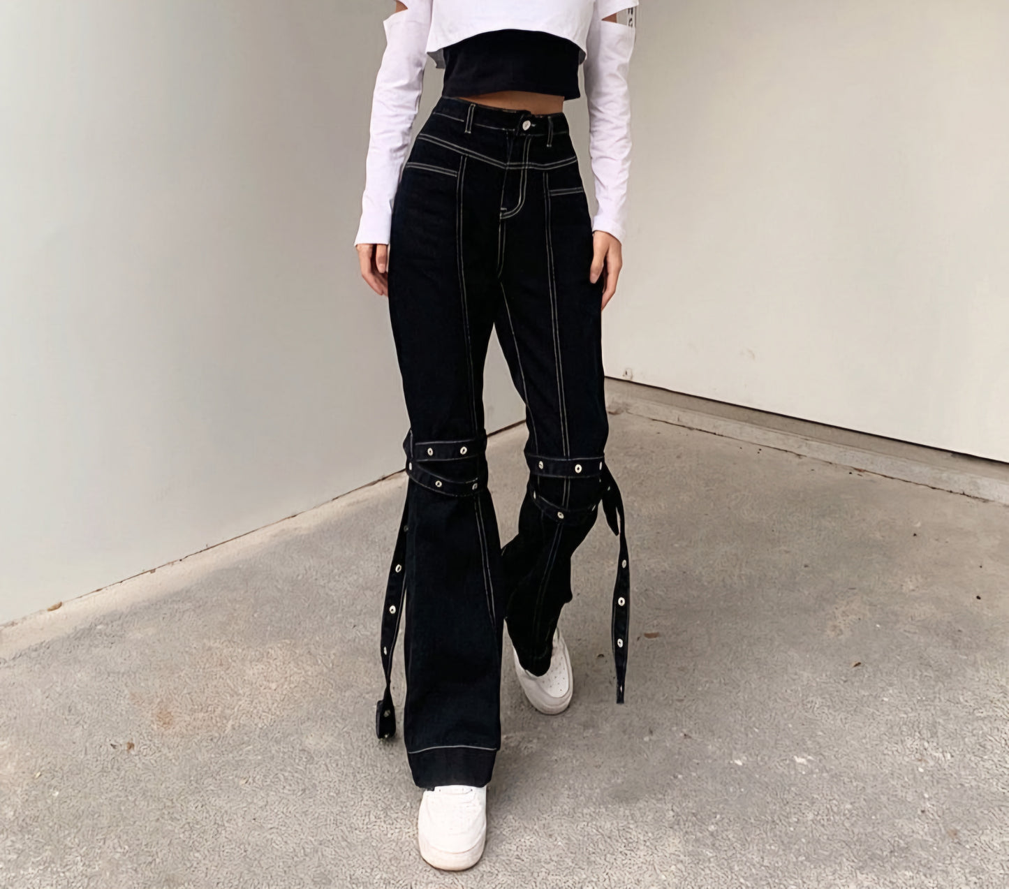 Streetwear Bandage Flare Leg Punk Aesthetics High Waist Denim Black Jeans