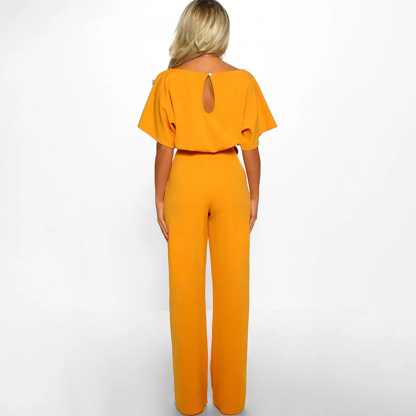 Belted Solid Straight Leg Short Sleeve Round Neck Jumpsuit to 3X