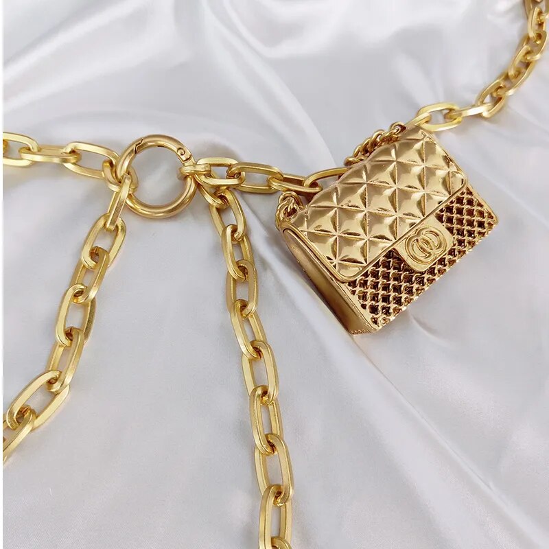 Gold/Silver Metal Mini Bag Pendant Hollow-Out Tassel Body Chain Belt