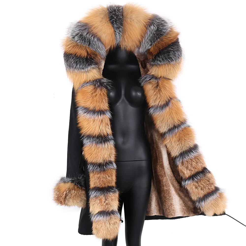 Colorblock Real Fur Oversized Collar Hip-Hop Design Women's Hooded Full Pelt Trenchcoat