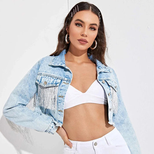 Denim Light Blue Women's Tassel Fringe Long Sleeve Loose Streetwear Women’s Cropped Jean Jacket