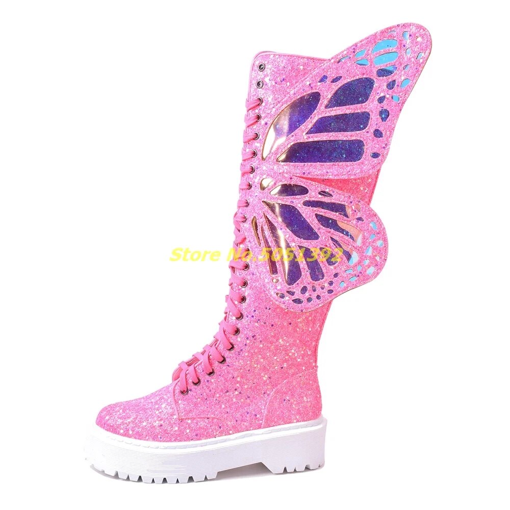 Pink Glitter Knee High Muffin Lace Up Glitter Round Toe Boots