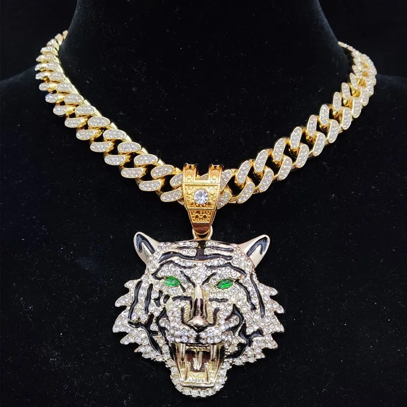 3D Tiger Pendant Crystal Cuban Chain Hip-Hop Iced Out Bling Chain Necklace