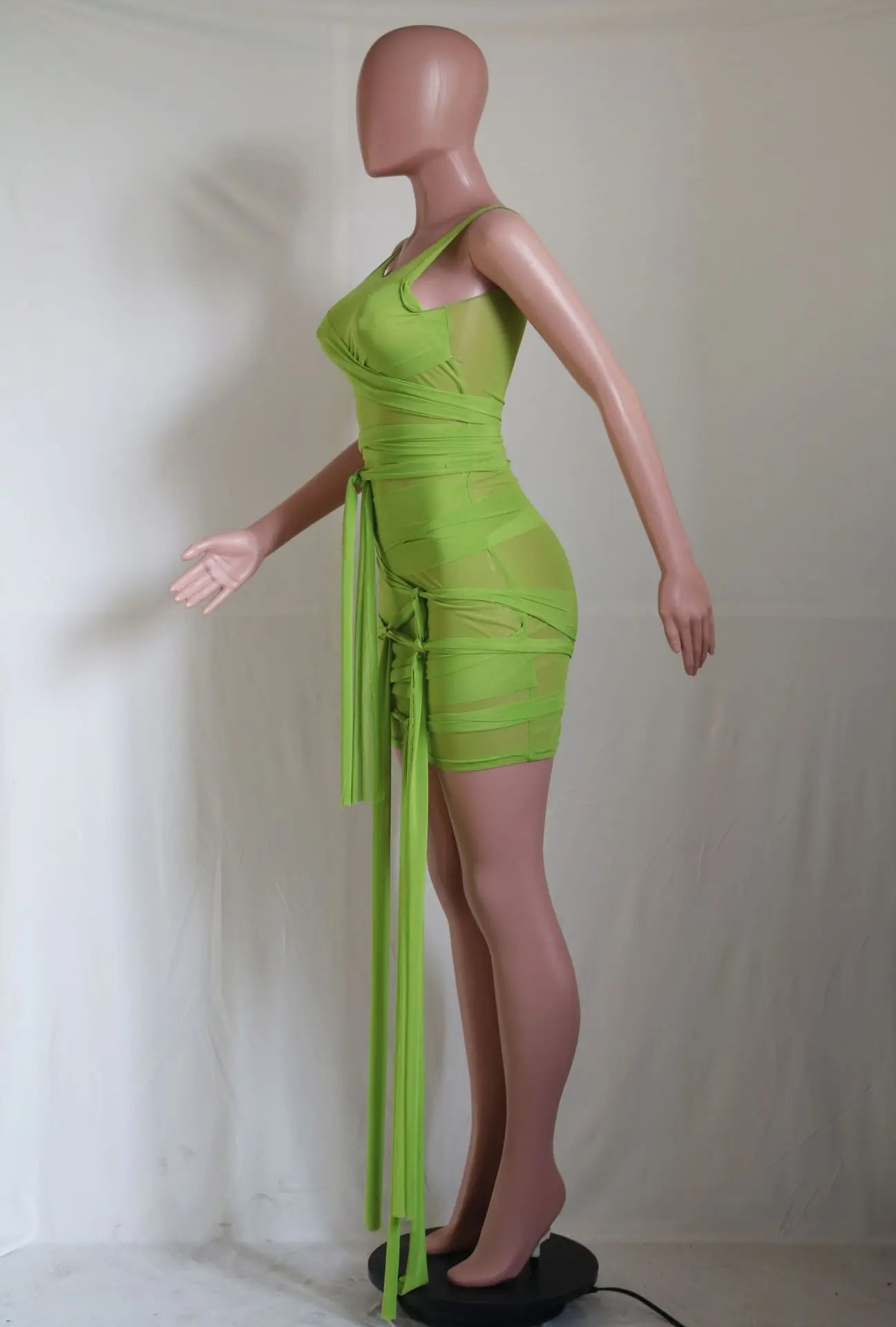 Sleeveless Bandage Criss-Cross Hollow-Out Design Transparent Mesh Mini Club Party/Prom Dress