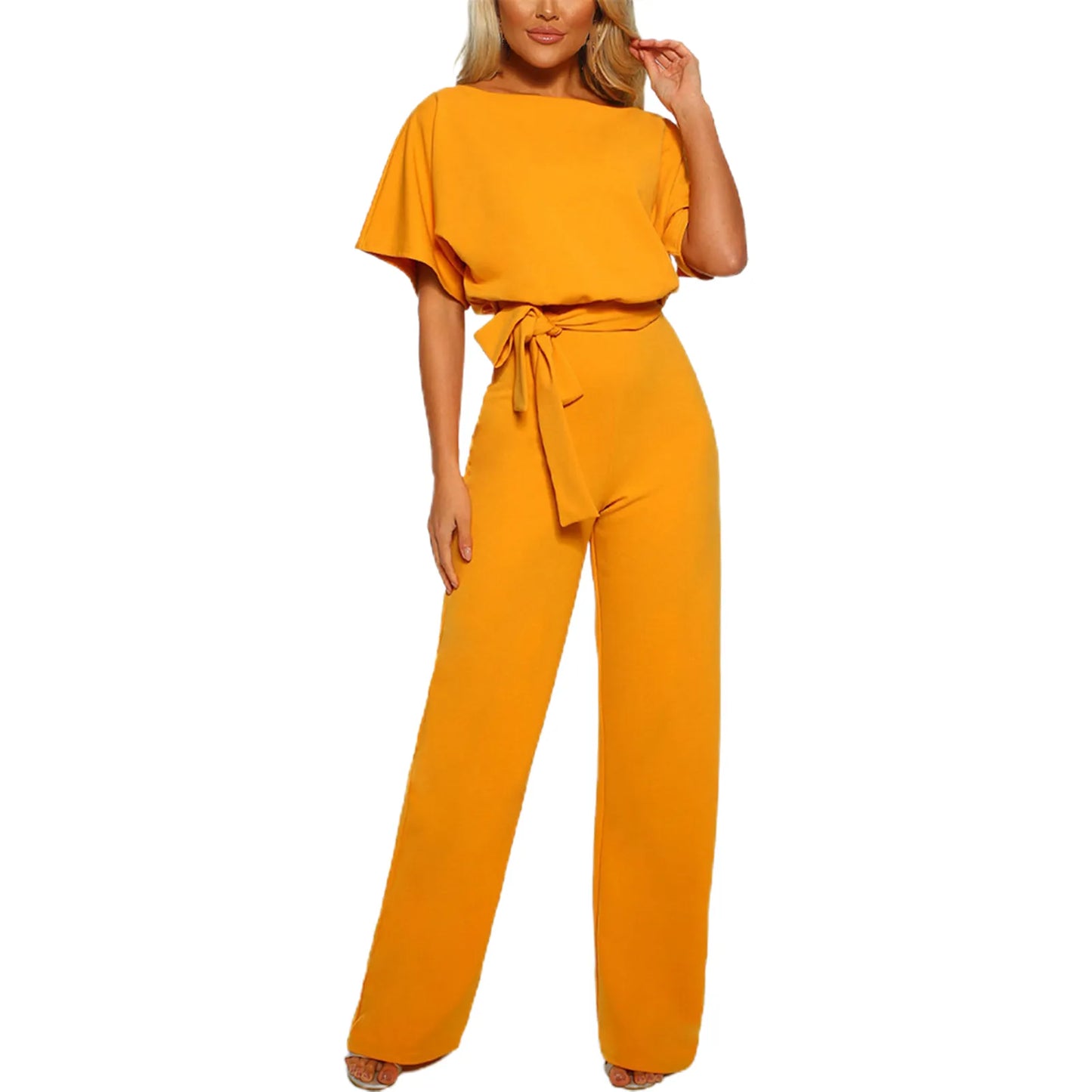 Belted Solid Straight Leg Short Sleeve Round Neck Jumpsuit to 3X