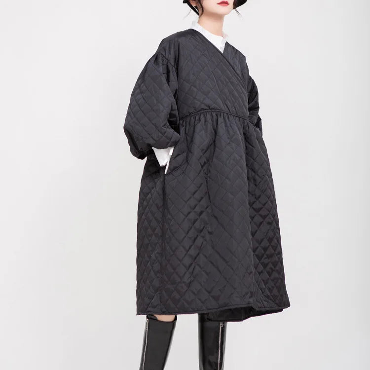 Retro Quilted Long Lantern Sleeve Embossed V-Neck Maxi Trench Dress