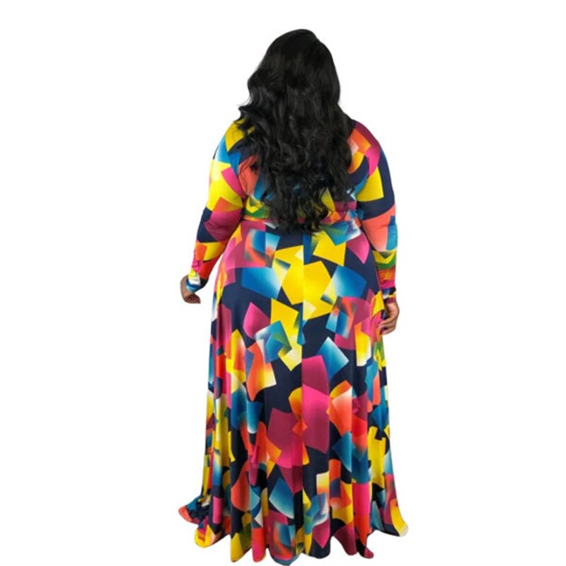 Geometric Multicolored Women's Long Sleeve V-Neck Maxi Dress to 5X