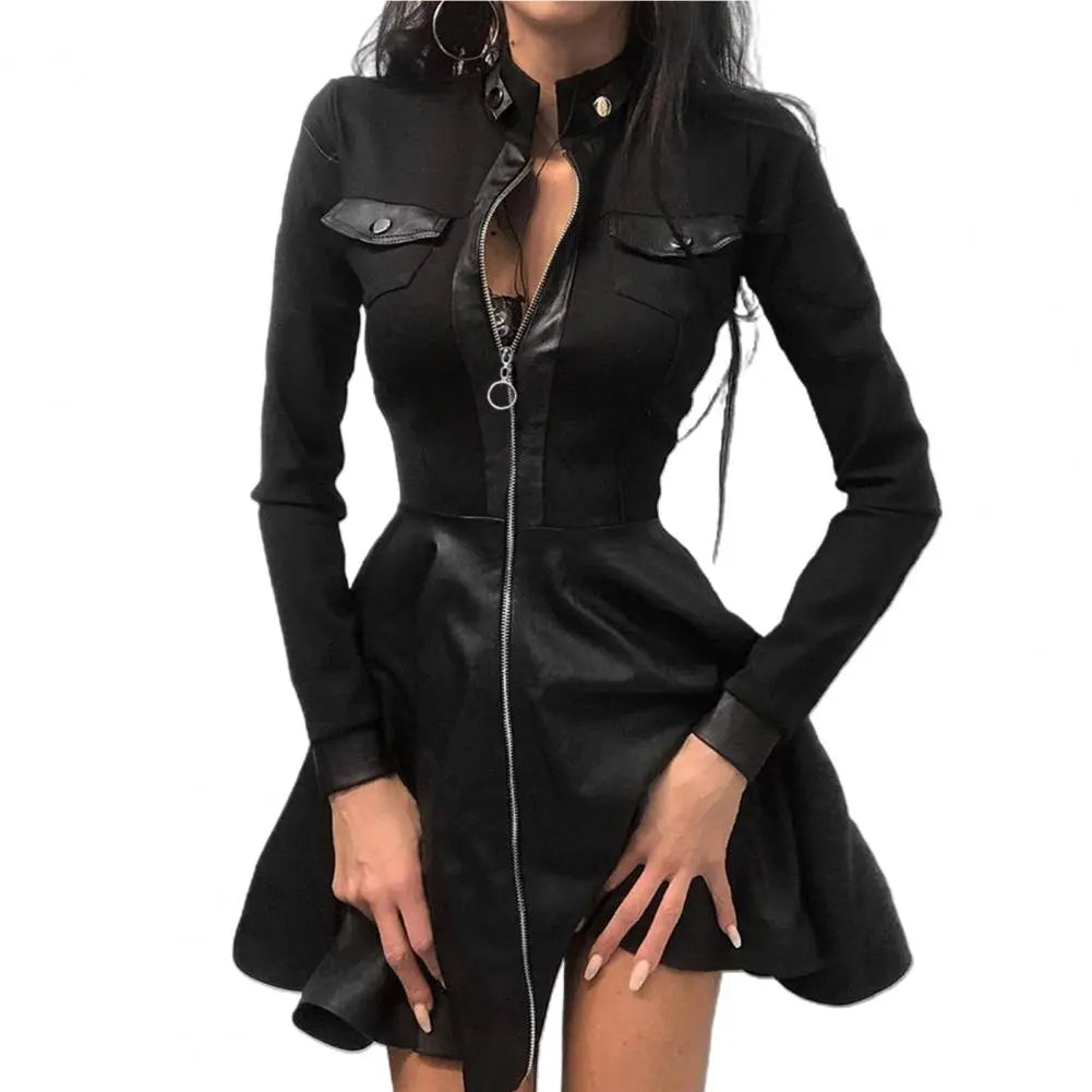 Faux Leather Long Sleeve Zipper Pocket Lace Mini Dress to 5X