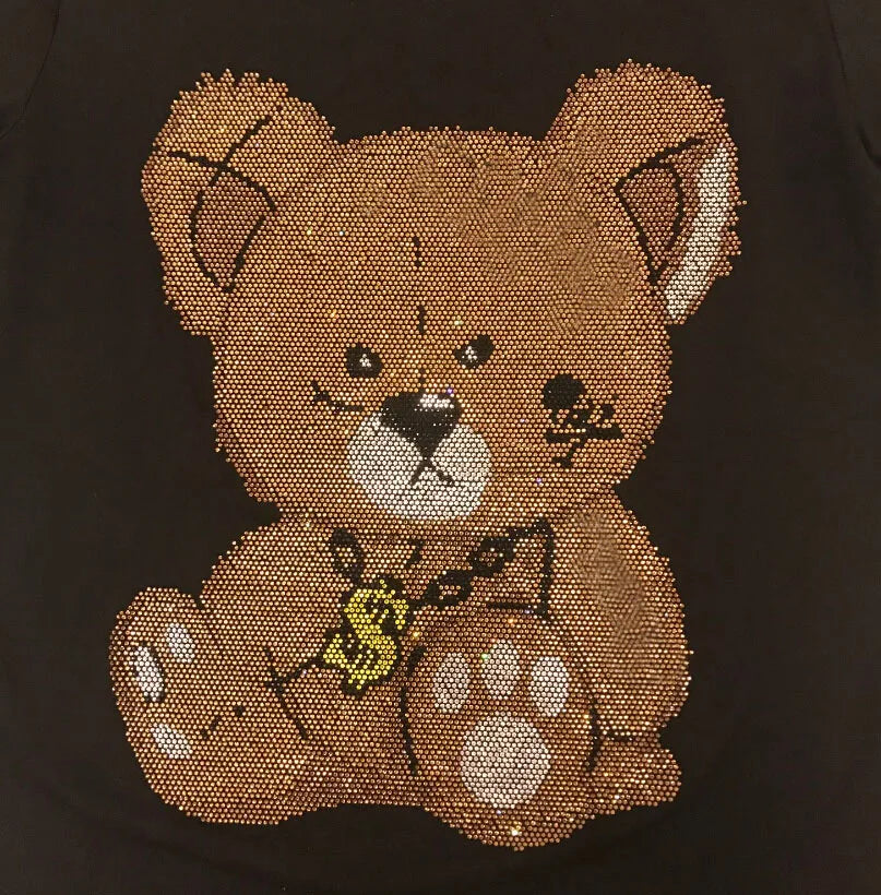 Men's Anime Rhinestone Diamond Teddy Bear Embroidered Short Sleeve O-Neck T-Shirt + Matching Shorts 2-Piece Set