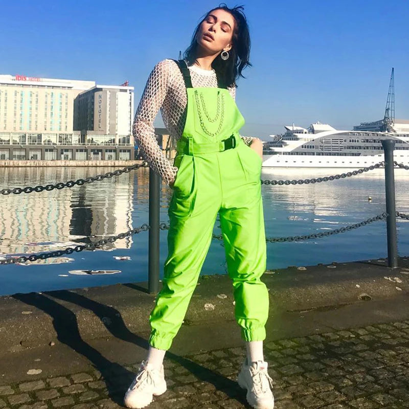 Fluorescent Green Sleeveless Suspender Strap Women's Streetwear Overall Jumpsuit Hip-Hop Dance Costume