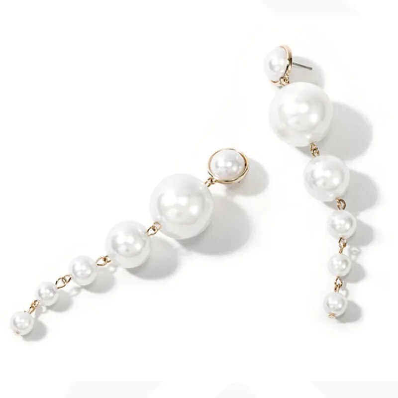 Simulated Pearl Stud Long Statement Drop Earrings