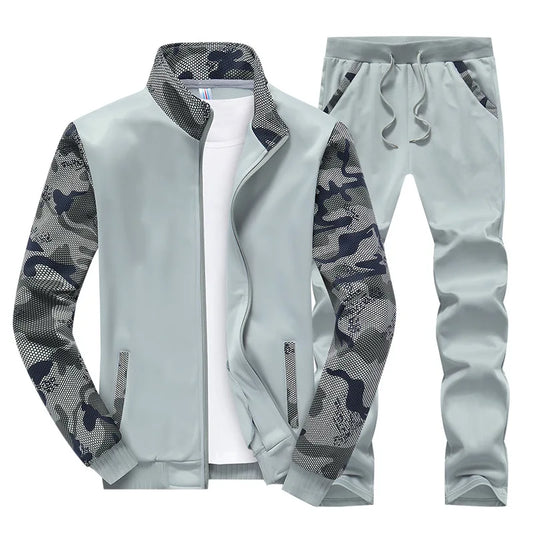 Men's Velvet Camouflage Mandarin Collar Ruched Zipper Tracksuit