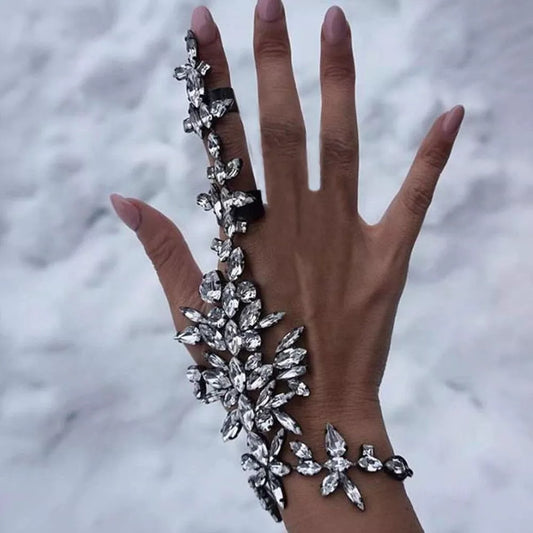 Handmade Crystal Flower Finger Ring Rhinestone Hand Chain Bracelet