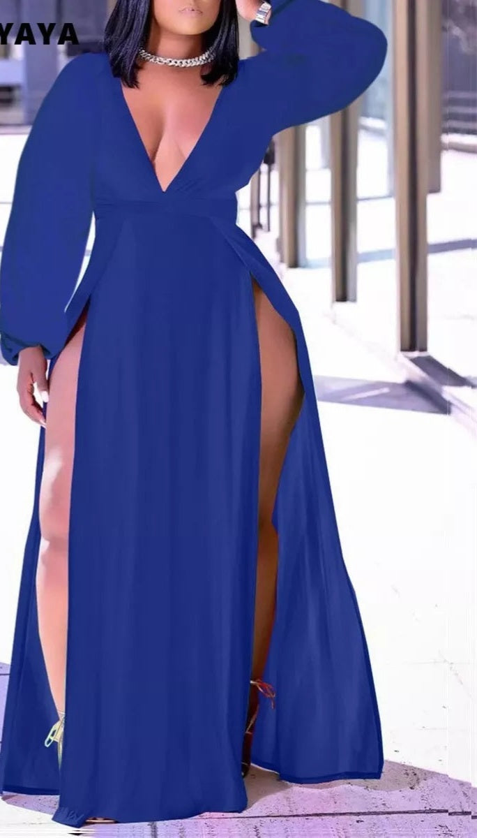 Hollow-Out Long Sleeve Deep V-Neck Solid Double High Side Split Maxi Dress