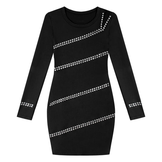 Sparkling Rhinestone Skinny Ladies Solid Round Neck Long Sleeve Bodycon Dress