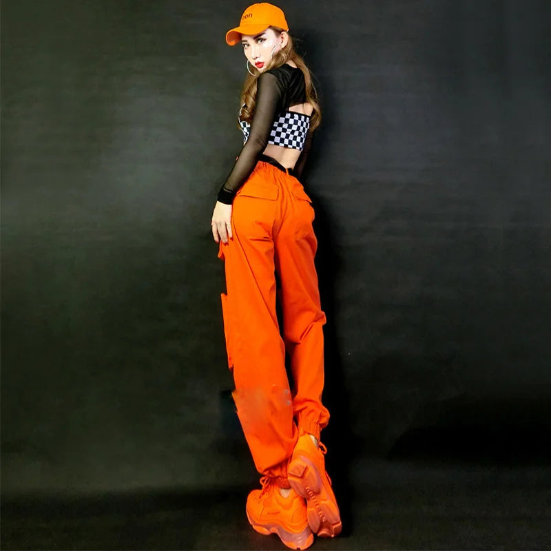 Orange Women's Multi-Pocket Cargo Streetwear Pants