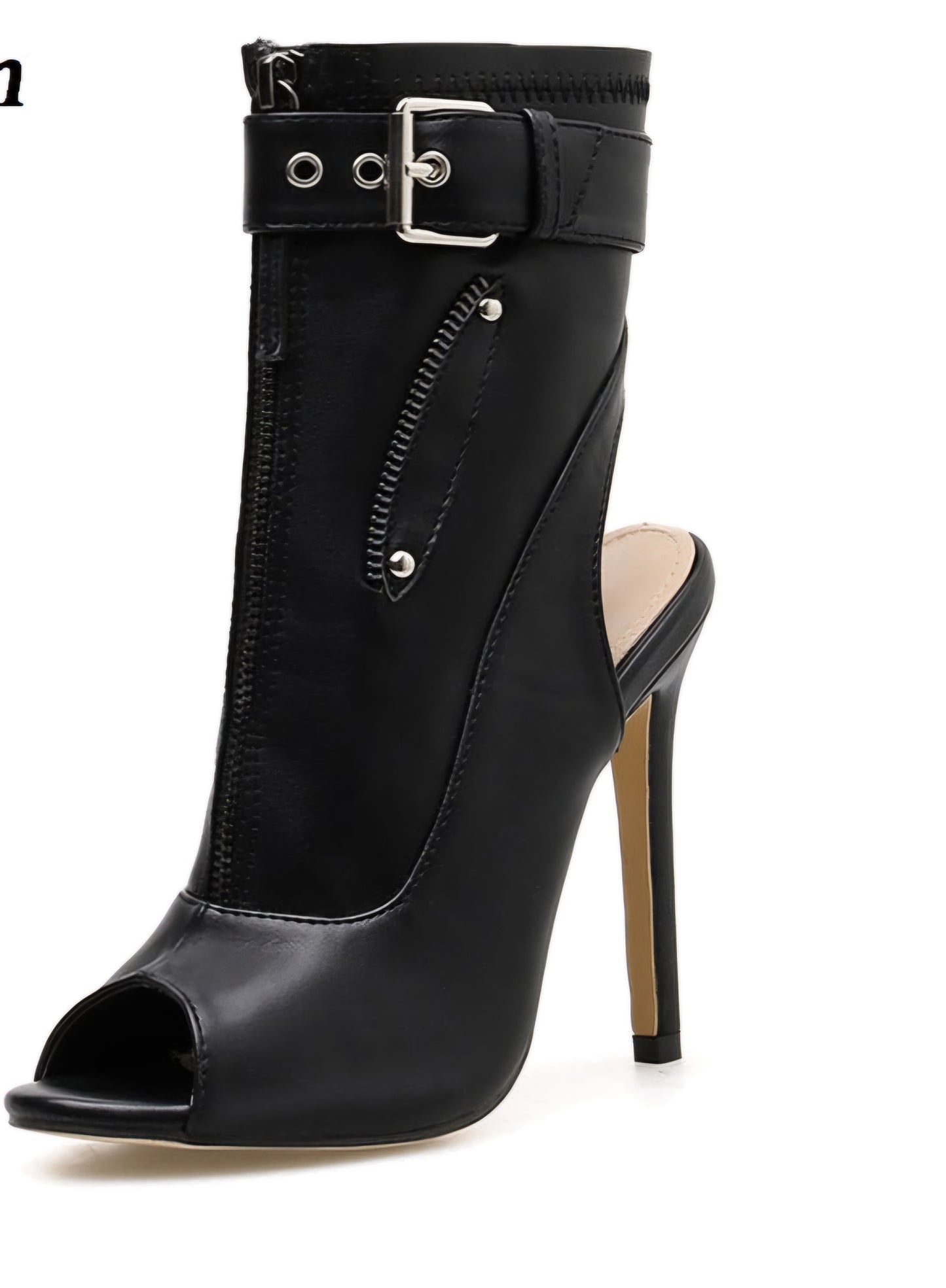 Open Toe Zipper Solid Color PU Leather Buckle Strap Stiletto Heel Ankle Boots