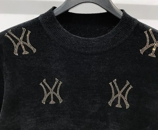 Men's Hip-Hop NY Symbol Hot Drill Rhinestone Design Long Sleeve O-Neck Pullover Knitted Wool Sweater