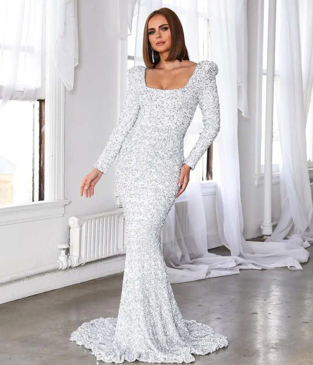 Formal Backless Sequin O-Neck Long Sleeve Floor Length Evening Gown Party Dress