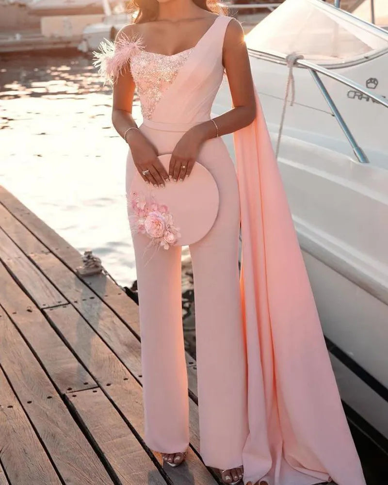 Pink Sequined Feather One-Shoulder Evening Jumpsuit w/ Sash Train