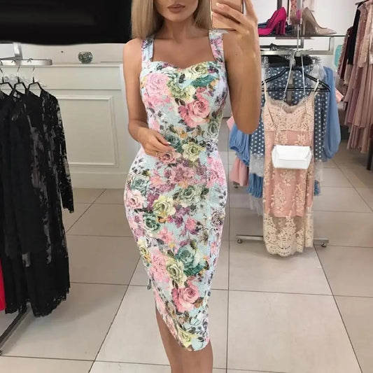 Vintage Pink Rose Flower Printed Sleeveless Bodycon Midi Dress