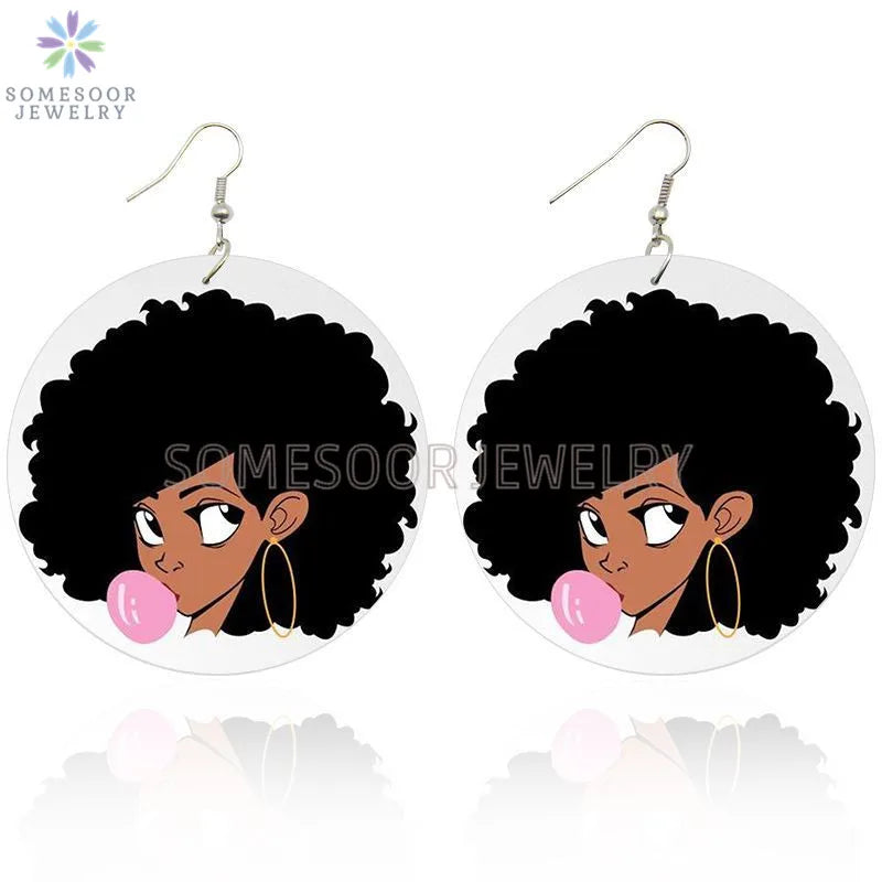 Pink Black Afro Woman Bubble Gum Print Wood Drop Earrings