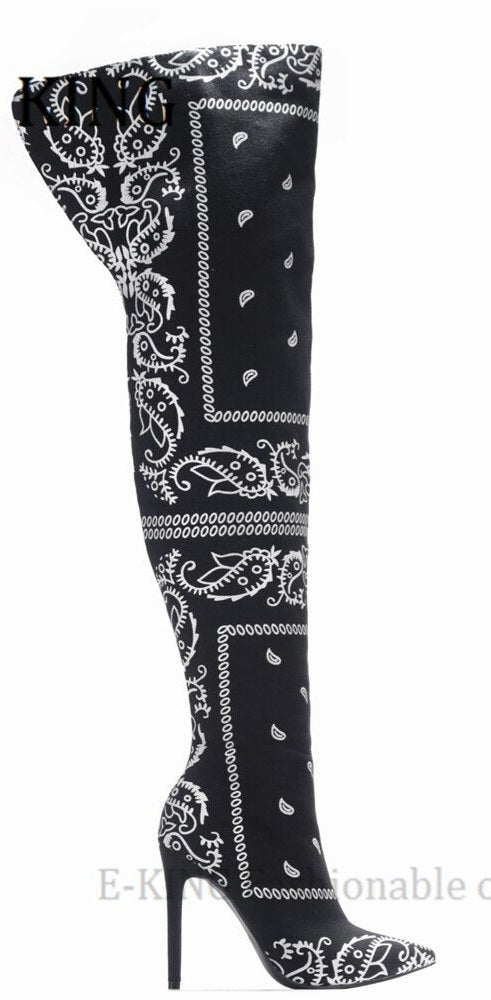 Bandana Print Women's Thigh High Over The Knee Pointed Toe Silk Boots