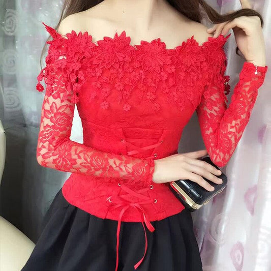 Rose Flower Lace Slash Neck Off-the-Shoulder Long Sleeve Blouse