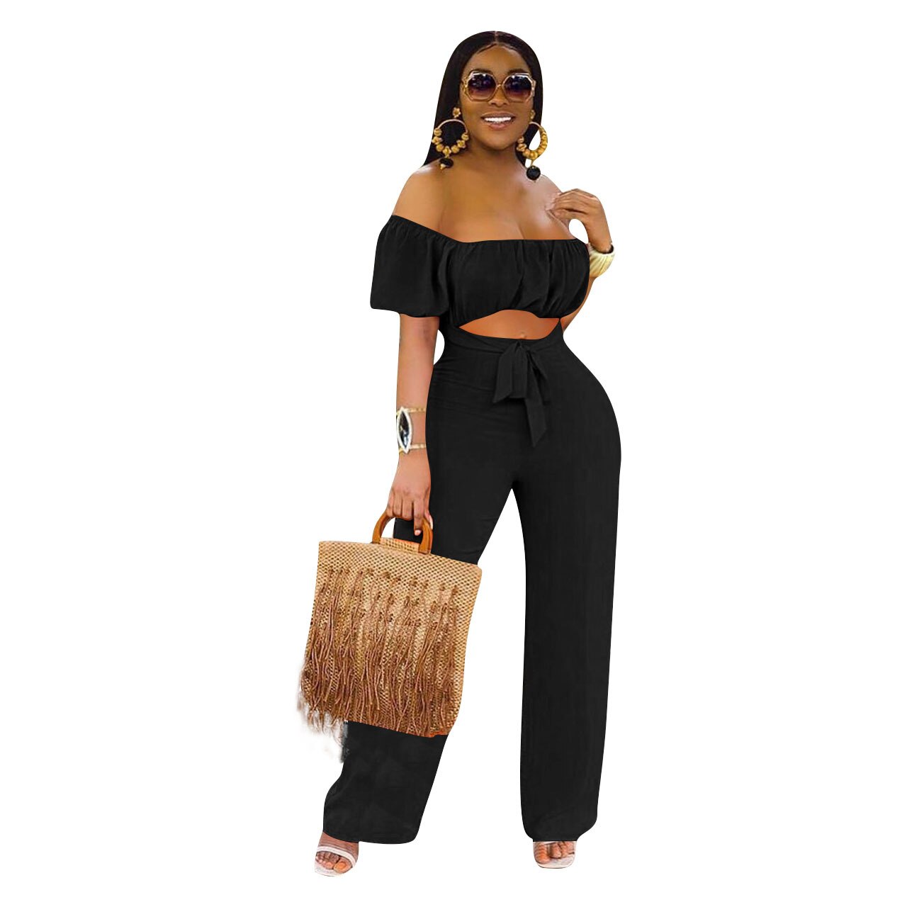 Crop Top Off Shoulder Short Sleeve High Waist Wide Leg Jumpsuit