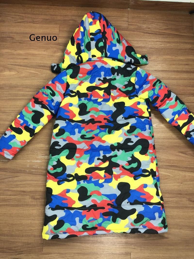 Colored Camouflage Print Long Unisex  Cotton Padded Coat w/ Detachable Hood