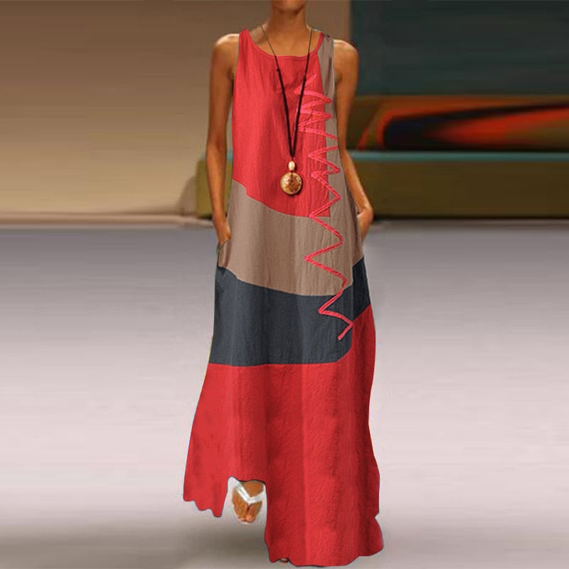 Colorblock Striped Oversized Patchwork Kafta Sleeveless/Long Sleeve Maxi Dress