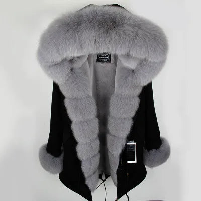 Colorblock Real Fur Oversized Collar Hip-Hop Design Women's Hooded Full Pelt Trenchcoat