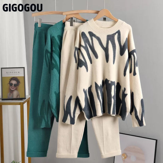 Grafitti Print Oversized Pullover Sweater + Knitted Harem Pant 2-Piece Set