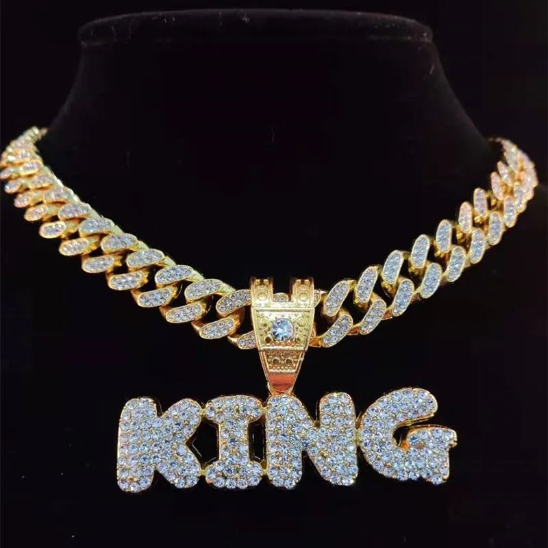 "KING" or "QUEEN" Letter Pendant Miami Cuban Iced Out Chain