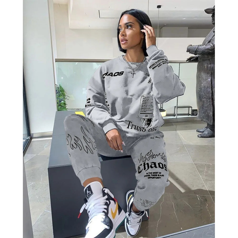 Women Tracksuit 2 Pieces Set Autumn Letter Printed Oversized Hoodies Sweatshirt Pants Suit Sweatpants Outfits Matching Sets