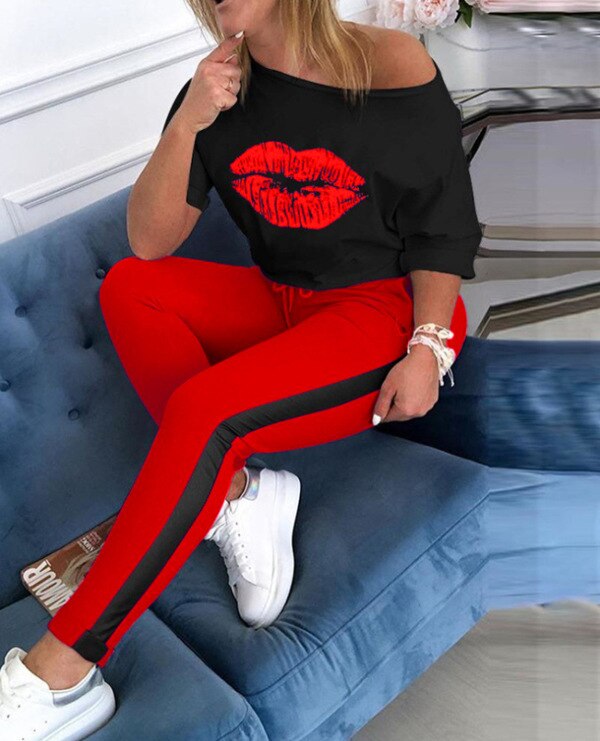 Lips Print Top + Side Striped Leggings Set