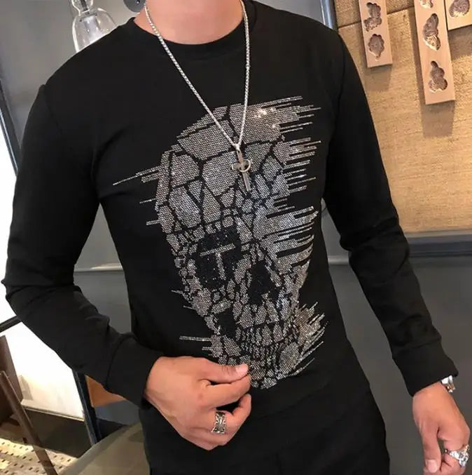 Men's Skull Print Long Sleeve Sweatshirt + Matching Sweatpants 2-Piece Tracksuit